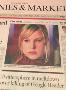 Financial Times front page showing Veronica Mars and also Google reader headline