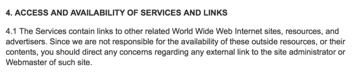 nytimes.com license agreement showing lack of information about linked sites.